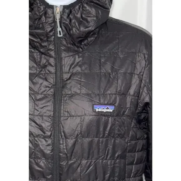 Women's Size Medium Patagonia Nano Puff Hooded Full Zip Insulated Black Jacket - Picture 2 of 5